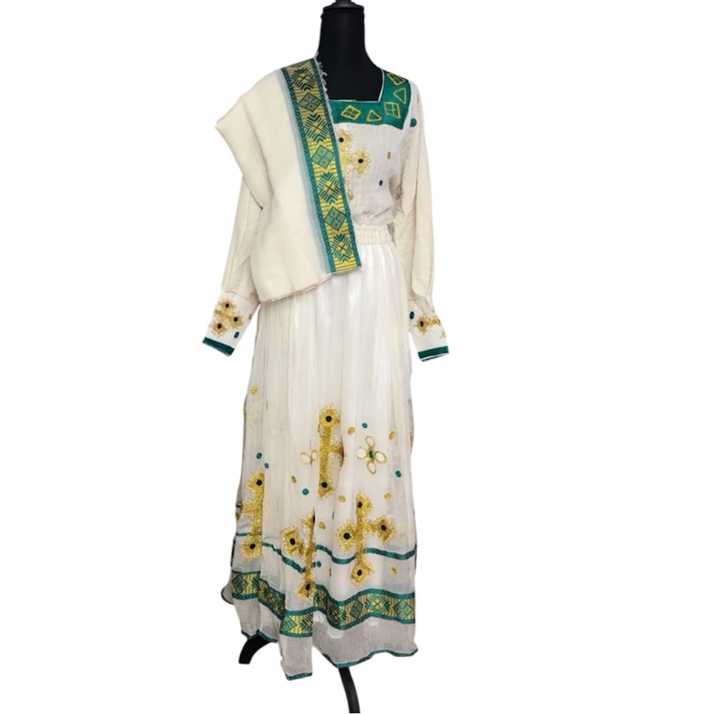 Ethiopian Eritrean handmade Habesha Embroidered  Dress with Green Trim